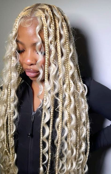 613 Blonde Braids, Jumbo Knotless Box Braids Blonde, Blonde Large Knotless Braids, Blonde Hair With Braids, White Blonde Braids, Blonde Knotless Boho, White Knotless Braids, Blonde Twists Black Women, Boho Braids Blonde