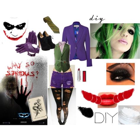 Female Joker by bluevodka3 on Polyvore featuring Goldie, Paul Smith, Free People, Prada, Aspinal of London, ClÃ© de Peau BeautÃ©, Maybelline, Shiseido and diy Lady Joker Costume, Diy Joker Costume Women, Diy Joker Costume, Female Joker Costume, Harley Costume, Joker Halloween Costume, Female Joker, Couples Cosplay, Joker Halloween