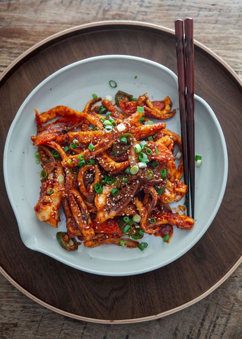 Ojingeo Bokkeum (Spicy Korean Squid Stir-Fry) - Beyond Kimchee Korean Seafood Recipes, Best Korean Dishes, Sujebi Korean Food, Ojingeo Bokkeum, Jokbal Korean Food, Korean Bibimbowl, Spicy Squid Korean, Spicy Octopus Korean, Korean Kimchi Jjigae