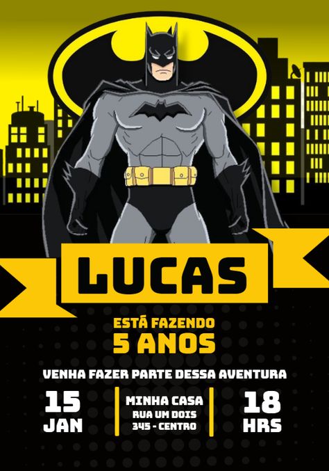 Design by Jotta | Arte digital convite Aniversário Batman para editar e baixar grátis com marca d'água Como fazer convite online Aniversário Batman? 1) Escolha um dos muitos modelos disponíveis de convite online Aniversário Batman para você editar. 2) Edite e personalize com muita facilidade seu convite online Aniversário Batman usando nosso editor online. 3) Quando o seu convite online Aniversário Batman estiver pronto clique em baixar e envie seu convite online Aniversário Batman Invitations, Baby Batman, Dinosaur Invitations, Batman Birthday Party, Batman Party, Batman Birthday, Online Design, Birthday Invitations, Invitation Template