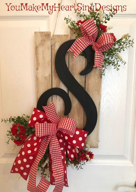 Front Door Letter Decor Initials, Letter Door Hangers Initials Diy, Monogram Door Hanger Wooden, Initial Letter Decor, Letter Inspiration, Initial Door Hanger, Monogram Door, Letter Wreath, Cross Drawing