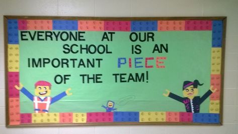 lego themed bulletin board ideas for classrooms Teamwork Bulletin Boards, Lego Bulletin Board, Lego Classroom Theme, Pta Bulletin Boards, Lego Classroom, School Wide Themes, Robot Decorations, Classroom Boards, Lego Theme