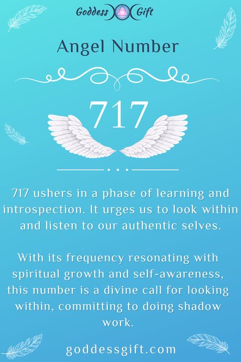 717 ushers in a phase of learning and introspection. It urges us to look within and listen to our authentic selves. Learn more - https://goddessgift.com/angels/717/  #AngelNumber717 #DivineGuidance #Numerology #SpiritualAwakening #Manifestation #ChangeIsGood #GrowthMindset #SpiritualJourney #NumerologyMeaning #AngelMessages #GoddessGift #ManifestYourDreams 717 Angel Number Meaning, Angel Number Meanings, Divine Timing, Number Meanings, Angel Messages, Spiritual Enlightenment, Angel Number, Angel Numbers, Shadow Work