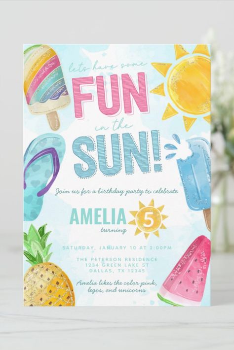 Cute Summer Fun In the Sun Pool Party Birthday Invitation #birthday #happybirthday #birthdaycards #birthdayparty #firstbirthday #sun #summer #beach Summer Birthday Themes, Beach Theme Birthday Party, Sun Birthday Party, Beach Theme Birthday, Summer Birthday Invitations, Beach Party Invitations, Bday Party Kids, Pool Party Kids, Sun Birthday