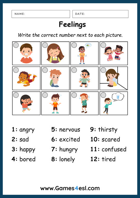 A printable worksheet to teach feelings and emotions in English. Feelings Worksheets For Kids, Emotions Worksheets For Kids, Emotions Worksheet, Teach Feelings, Teach English To Kids, Emotions Cards, Kids Feelings, Learning English For Kids, English Test