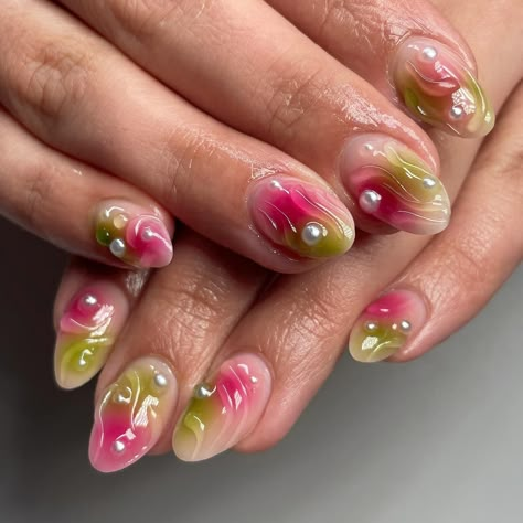 3D pink + green nails 💚💗 kind of reminds me of gummies 🍭 . . . . . . . . . #dallasnailtech #planonailtech #naturalnails #frisconailtech #naturalnailspecialist #3dnailart #3dnails #airbrushnailart #airbrushnails #softgelnails #summernails Green Pink Nail Art, 3d Gel X Nails, Pink And Green Gel Nails, Green And Pink Gel Nails, Pink And Green Aura Nails, Green And Pink Nails Designs, Gummy Nails, Nails Green And Pink, Pink And Green Nail Art