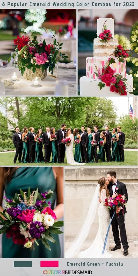 Emerald Green And Magenta Wedding, Emerald And Raspberry Wedding, Dark Green And Hot Pink Wedding, Wedding Colors Hot Pink, Spring Emerald Wedding, Emerald Green Spring Wedding Color Combos, Dark Green And Fuschia Wedding, Hunter Green Color Combinations, June 2024 Wedding Colors