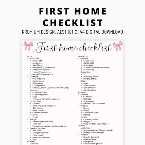 Move with Confidence: Your Ultimate First Apartment Checklist Are you stepping into your first home or apartment? Make the transition seamless and stress-free with our comprehensive First Apartment Checklist! This printable checklist is your go-to guide for ensuring you have everything you need to turn your new space into a cozy, functional home. Key Features: All-Inclusive List: Covers every room in your new home - kitchen, living room, bedroom, bathroom, laundry, and more. Organized by Categor Essential Household Items List, Moving Packing Checklist, Apartment Move In Checklist, Household Essentials List, Checklist First Apartment, New House Checklist, College Apartment Checklist, New Apartment Checklist, First Home Checklist