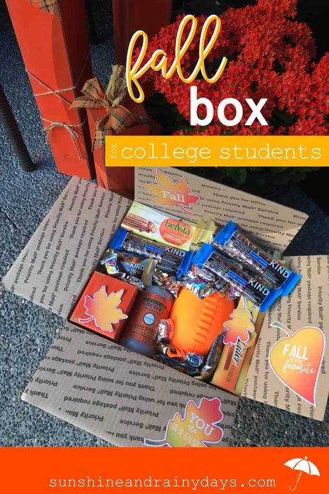 Your college student is settled into dorm life and working hard on papers, speeches, and keeping up with laundry. You have settled into an empty or emptier nest and are ready to send a Fall Box to let your awesome kid know how much you love them! College Care Package | College Care Package Ideas | College Care Package For Girls | College Care Package DIY | College Care Package Printables | Fall Care Package | Fall Care Package College | Fall Care Package Ideas | #fall #college #printables #SARD Fall Box For College Student, Fall Care Package Ideas, Fall College Care Package Ideas, Fall College Care Package, Thanksgiving College Care Package Ideas, Fall Care Package Ideas For College, Autumn Care Package, Thanksgiving Care Package College, September Care Package College