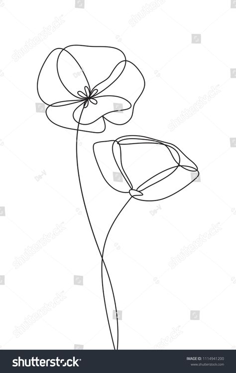 One Line Poppy Drawing, Single Line Art Flower, Flower Contour Drawing, One Line Poppy, One Line Flower Drawing, Poppy Line Drawing, Flower Icon Logo, Poppy Line Art, Minimalist Doodles