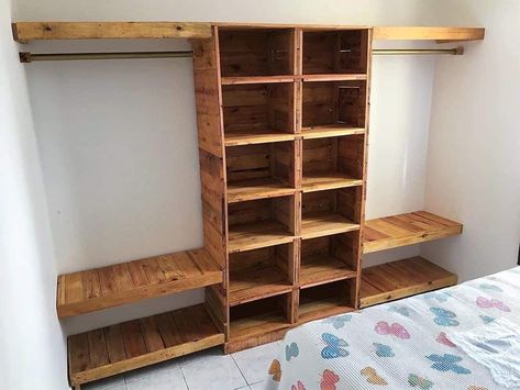 Clothing Shelf Ideas, Rustic Closet Ideas Small Spaces, Open Shelving In Bedroom For Clothes, Building Walk In Closet In Bedroom, Diy His And Hers Closet, Diy Wooden Closet Shelves, Rooms Without Closets Ideas, No Closet Solutions Bedroom Diy, Country Closet Ideas