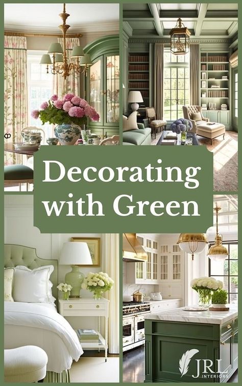 Decorating with Green French Quarter Homes Interior, Green And Blue Decor Interior Design, Interesting Home Ideas, Green Color Drenched Living Room, Anne Of Green Gables Aesthetic Bedroom, Elegant Home Design, Green Color Schemes For The Home, Colorful Grandmillenial, Green Cottage Interior