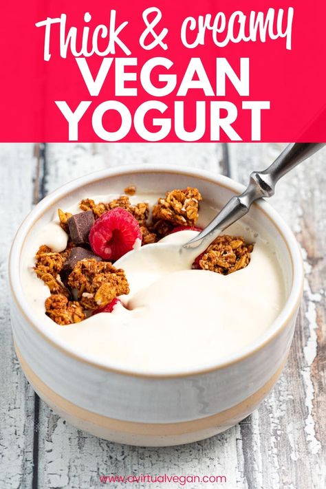 A vegan yogurt recipe that produces smooth, tangy, exceptionally thick and creamy vegan yogurt that's just perfect for dolloping on anything and everything! Easy to make with or without an Instant Pot. Vegan Yogurt Recipe, Vegan Yoghurt, Thick Vegan, Yoghurt Bowl, Kitchen Basics, Vegan Substitutes, Yogurt Recipe, Vegan Yogurt, Yogurt Recipes