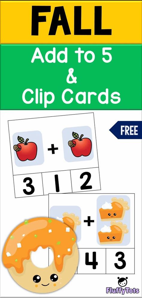 FREE Fall Add and Clip Cards | Great for preschoolers or pre-K who are already familiar with counting number 1 to 5.   These clip cards looks a lot like count and clip cards. But the difference is I add an addition symbol the ‘+’ #mathprintables #clipcards #homeschooling Addition Task Cards Free, Addition Clip Cards, Fall Addition Activities, Free Numbers Preschool Printables 1-20, Number 5 Activity, Addition Activities Preschool, Addition Preschool, Preschool Addition, Kindergarten Standards