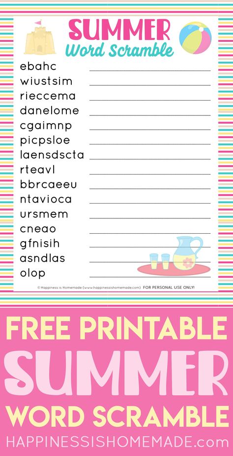 This free printable Summer Word Scramble is lots of fun for kids and adults alike! Unscramble the summer themed words in this fun summer game that everyone will love! Printable Word Games, Word Puzzles For Kids, Summer Puzzle, Summer Vocabulary, Unscramble Words, Summer Worksheets, Scramble Words, Summer Game, Summer Reading Challenge