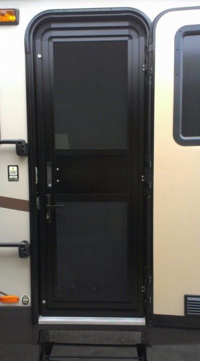 screen door security | The RV Forum Community Camper Screen Door Ideas, Rv Screen Door Ideas, Rv Door Ideas, Screen Door Replacement, Screen Door Protector, Rv Screen Door, Metal Screen Doors, Diy Screen Door, Security Screen Door