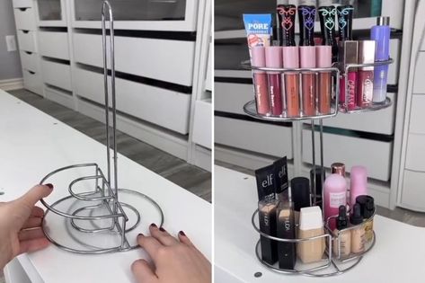 People say my Dollar Tree makeup storage hack is 'definitely genius' Dollar Tree Make Up Organizer, Dollar Tree Makeup Tutorial, Bathroom Cabinet Organization Dollar Tree, Skin Care At Dollar Tree, Makeup Storage Hacks, Dollar Tree Makeup, Organizing Bathroom Cabinets Doller Tree, Diy Makeup Brush Holder, Metal Paper Towel Holder