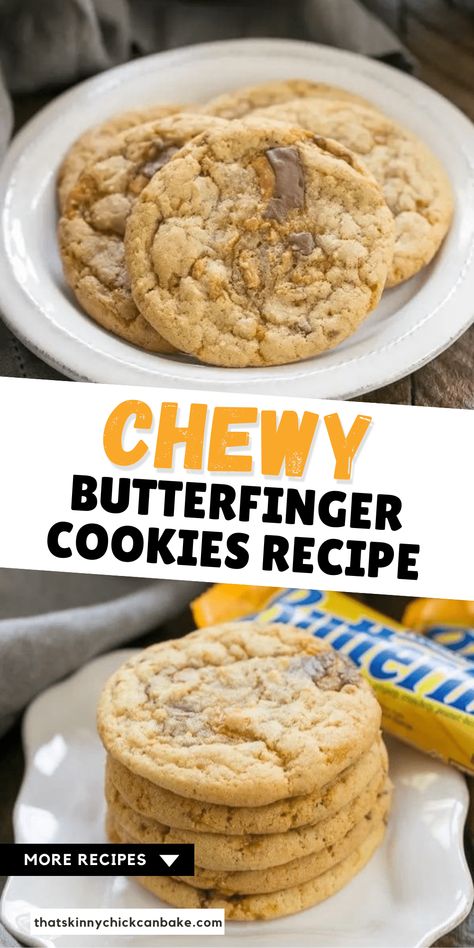 Chewy Butterfinger Cookies - Chewy, buttery cookies chock full of Butterfinger chunks. You'll be addictive after just one bite! Butterfinger Cookies, Cookies Chewy, Finger Cookies, Homemade Cookie, Cake Mix Cookie Recipes, Blogger Photos, Cakes Recipes, Buttery Cookies, Bar Recipes