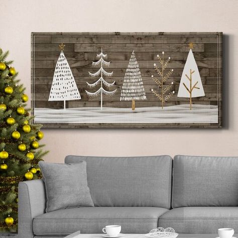 The Holiday Aisle® 'Christmas Trees' Painting Print on Wrapped Canvas | Wayfair Large Wood Signs Living Room, Christmas Fabric Wall Hangings, Painted Wood Christmas Signs, Farmhouse Christmas Wall Decor, Winter Wooden Crafts, Rustic Wood Christmas Tree, Wooden Winter Decor, Christmas Wood Paintings, Pallet Christmas Projects