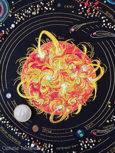 Embroidery Unique, Solar System Art, Patchwork Curtains, Fine Art Textiles, Planet Design, Star Embroidery, Swarovski Crystal Beads, Embroidery Hoop Art, Beaded Brooch