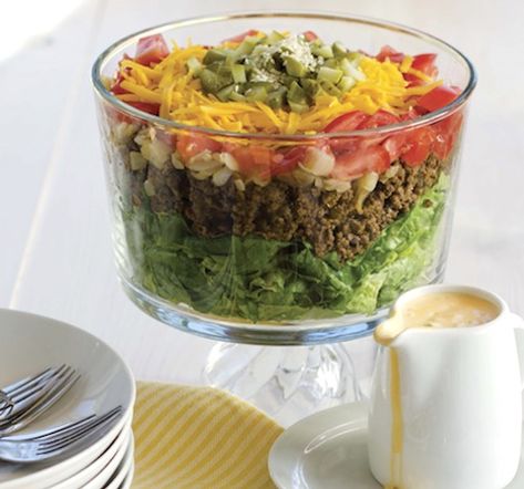 Recipe: Trim Big Mac Salad (layered, using ground beef) - Recipelink.com Thm Salads, Mac Salad Recipe, Thm Dinner, Meatless Mains, Trim Healthy Recipes, Big Mac Salad, Trim Healthy Mama Plan, Trim Healthy Momma, Mac Salad