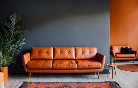 Living room have orange leather sofa and... | Premium Photo #Freepik #photo #sofa #sofa-chair #couch #sofa-set Orange Leather Couch, Orange Leather Sofa, Orange Leather Sofas, Photo Living Room, Dark Brown Walls, Chair Couch, Brown Wall, Small Apartment Living Room, Office Couch