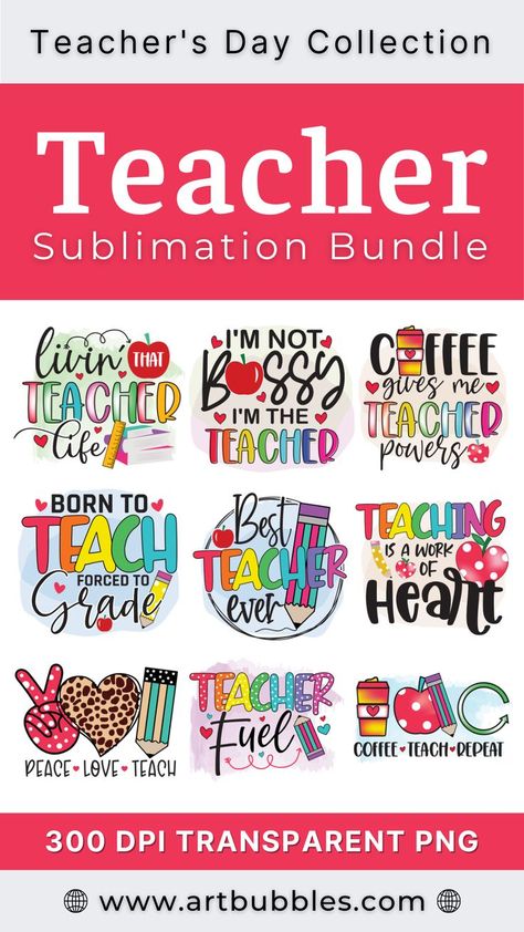 Celebrate teachers in style with our eye-catching Teacher Sublimation Bundle. Perfect for creating personalized gifts, memorable keepsakes, t-shirts, mugs, cards, and many more. #teacher #sublimation #teacherappreciation Teacher Sublimation Gifts, Teacher Gifts Sublimation, Teacher Sublimation Designs Free, Teacher Vinyl Ideas, Sublimation Teacher Gifts, Mug Sublimation Ideas, Teacher Gift Quotes, Teacher Appreciation Ideas, Sublimation Gifts