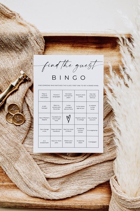 Looking for a fun and interactive game to break the ice at your bridal shower or bachelorette party? Look no further than the "Find the Guest Bingo" editable template! This printable game is an instant download, making it quick and easy to set up for your wedding shower. Challenge your guests to find the guest who fits each description on their bingo card for a memorable and entertaining bridal party game. Get ready to create lasting memories with this engaging bridal shower bingo that will have Wedding Ice Breakers For Guests, Wedding Games Ideas, Fun Shower Games, Find The Guest Bingo, Wedding Bingo, Guest Bingo, Couple Shower Games, Bridal Party Games, Find The Guest