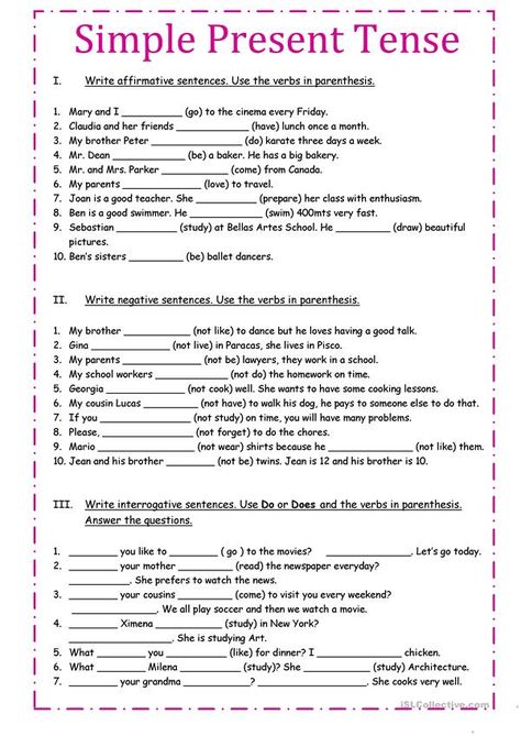 Simple Present Tense - English ESL Worksheets for distance learning and physical classrooms Simple Present Tense Negative Worksheets, Present Simple Negative Worksheets, Simple Present Tense Worksheets, Tense Worksheet, Tenses Exercises, Tenses Grammar, Past Continuous, Tenses English, English Grammar Exercises