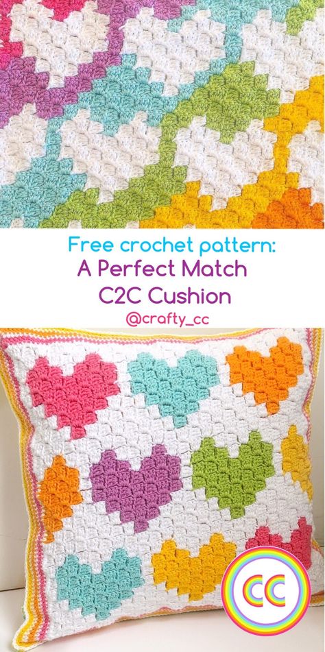 Free crochet pattern: A Perfect Match C2C Cushion Corner 2 Corner, Crochet C2c Pattern, Crochet Pillow Patterns Free, C2c Patterns, Crochet Cushion Pattern, C2c Crochet Pattern Free, C2c Crochet Blanket, Corner Crochet, Corner To Corner Crochet