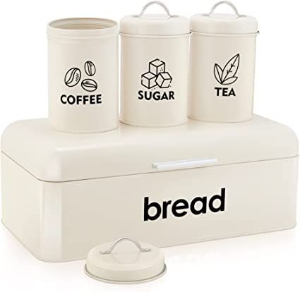 Amazon.com: E-far Red Bread Box for Kitchen Counter, Large Metal Bread Storage Container with 3 Matching Coffee Tea Sugar Canisters, Vintage Bread Bin for Loaves, Pastries, Muffins, Dry Food (16.7” x 9” x 6.4”): Home & Kitchen Red Bread, Vintage Bread Boxes, Coffee Bread, How To Store Bread, Kitchen Canister Set, Bread Storage, Sugar Canister, Bread Bin, Bread Boxes