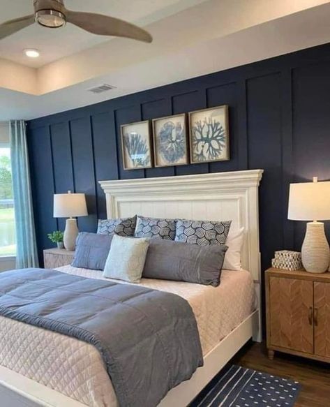 Navy Blue Accent Wall Bedroom, Blue Feature Wall Bedroom, Florida Condo Decor, Blue Accent Wall, Headboard Inspiration, Navy Decor, Feature Wall Bedroom, Blue Accent Walls, Blue Bedroom Decor