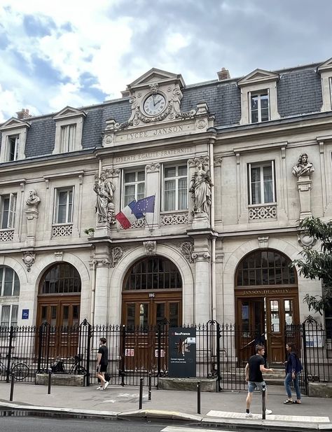 JDS is the only Parisian lycée not named after a national figure.   The wealthy lawyer Janson de Sailly discovered that his wife was having an affair, disinherited her and donated his fortune. According to the donor's wishes, no women were ever to be admitted to the school. Europe Building Architecture, Paris School, School Exterior, Europe Buildings, Bloxburg City, Building Inspiration, School Entrance, Build Inspiration, Architecture Building Design