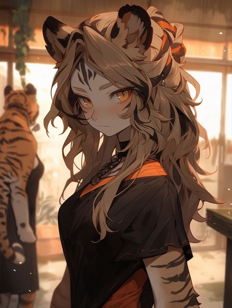 Were Animals Art, Tiger Oc Human, Anime Cat Female, Tabaxi Female, Digital Art References, Tiger Character, Creative Digital Art, Tiger Girl, 다크 판타지