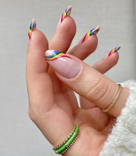 Wavy Rainbow Nails, Rainbow Ombre Nails Acrylic, Gold And Rainbow Nails, Pride Nails Almond Shape, Pride Flag Nails Designs, Pride Nails Designs Almond, Rainbow Stripe Nails, She Ra Nails, Pastel Pride Nails