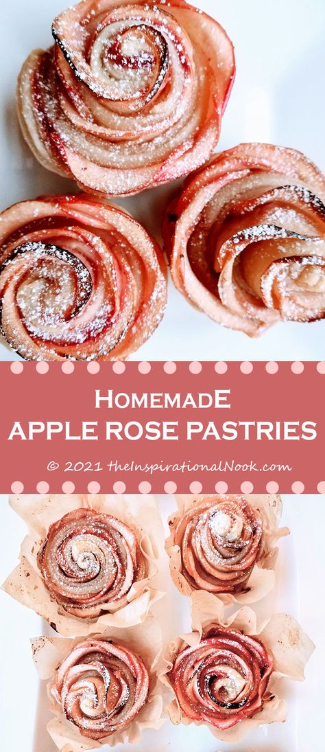 Recipe for cinnamon apple rose dessert with puff pastry or mini rose apple pies. Helpful tips to avoid common problems like uncooked dough in center. Rose Puff Pastry, Dessert With Puff Pastry, Apple Recipes With Puff Pastry, Apple Roses Puff Pastry, Apple Rose Pastry, Apple Rose Pie, Rose Dessert, Apple Rose Tart, Puff Dessert