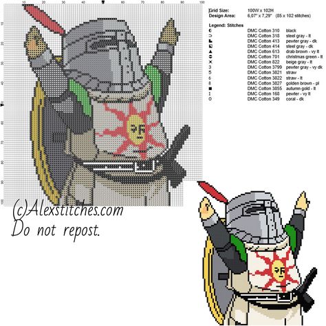 Knight Solaire Dark Souls free videogames cross stitch pattern 100x102 14 colors Dark Souls Embroidery, Dark Souls Crochet Pattern, Dark Souls Cross Stitch, Knight Solaire, Dark Souls Solaire, Stitch Games, Free Cross Stitch Patterns, Nerd Crafts, Pixel Art Grid