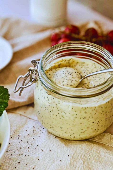 This creamy vegan poppy seed dressing is a simple, easy, vegan, gluten-free, and utterly delightful recipe that's great for any salad or grain bowl. It uses silken tofu, so it's higher in protein and healthier than the vegan mayo versions. Tofu Salad Dressing, Red Lentil Recipes Easy, Poppy Seed Dressing Recipe, Pb Recipes, Vegan Pizza Rolls, Poppyseed Salad Dressing, Vegan Blt Sandwich, Lentil Recipes Easy, Red Lentil Recipes