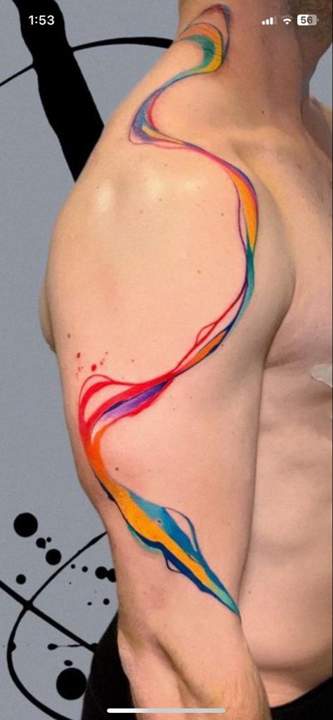 Water Colour Tattoo Designs For Men, Watercolor Tattoo Filler, Full Body Abstract Tattoo, Paint Style Tattoo, Colorful Spine Tattoo, Watercolor Line Tattoo, Color Gradient Tattoo, Fluid Tattoo Design Arm, Abstract Rainbow Tattoo