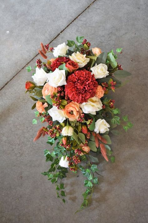 Farmhouse Weddings, Orange Bridal Bouquet, Cascade Bouquet, Farmhouse Wedding, Cottage Farmhouse, Rust Orange, Autumn Colors, Wedding Florals, Commission Art