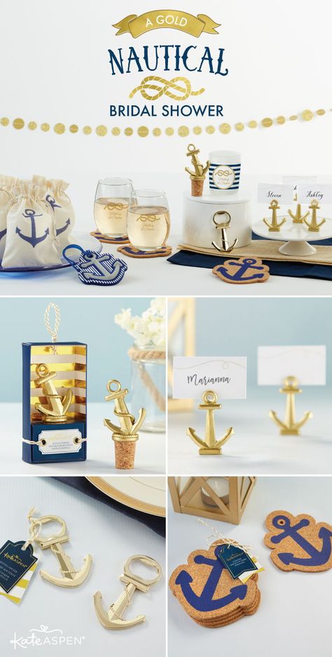 The high seas are calling for a wedding, and before the big day, the bride's closest family and friends gather for a nautical themed bridal shower. | A Gold Nautical Bridal Shower | Kate Aspen | #bridalshower #nautical Nautical Bridal Shower Favors, Nautical Theme Bridal Shower, Nautical Bridal Shower, Nautical Wedding Favors, Nautical Bachelorette, Nautical Bridal Showers, Wedding Friends, Nautical Wedding Theme, Themed Bridal Shower