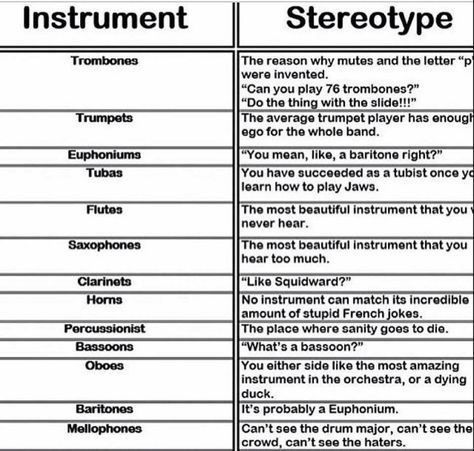 Instrument Stereotypes What Instrument Should I Play, Instrument Stereotypes, Band Stereotypes, French Horn Memes, Trumpet Jokes, Percussion Jokes, Saxophone Jokes, French Horn Humor, Trombone Jokes