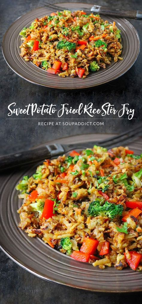 Healthy but filling and gently spiced, Sweet Potato Fried Rice Stir Fry is a weeknight-easy dish, loaded with vegetables, that the whole family will love! Recipe at SoupAddict.com Asian Sweet Potato, Fried Rice Stir Fry, Sweet Potato Fried, Recipes Stir Fry, Sweet Potato Stir Fry, Rice Stir Fry, Love Recipe, Vegetarian Pasta Dishes, Asian Vegetarian Recipes