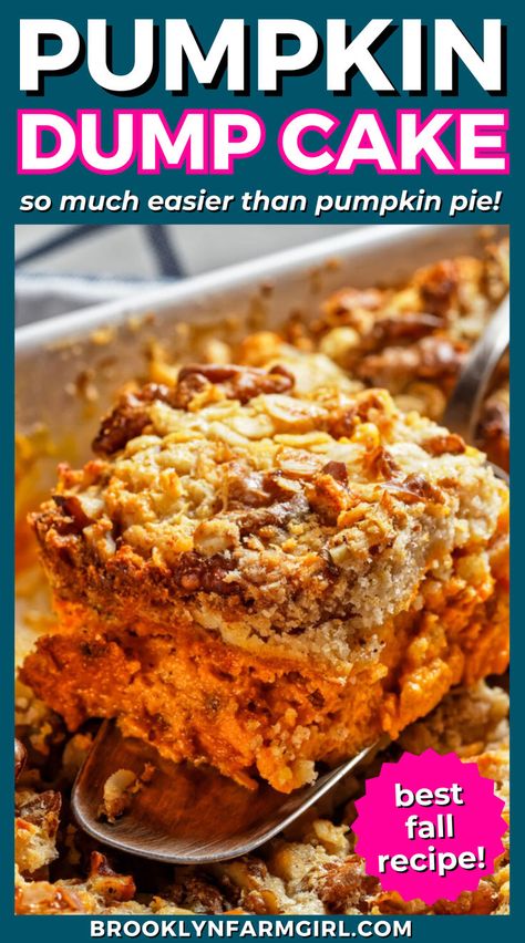 Ready for a fall dessert recipe that's easier than pie? Well, I’m not sure it gets much easier than a dump cake. Basically throw all the ingredients into a baking dish, bake and then serve! It takes less than 5 minutes to prepare this homemade pumpkin dump cake! Great for fall dinner parties, fall potlucks, and your Thanksgiving dessert table! Cake For Thanksgiving, Easy Pumpkin Dump Cake, Pumpkin Dump, Dump Cake, Yellow Cake, Homemade Pumpkin, Easy Pumpkin, Baking Dish, Casserole Dish