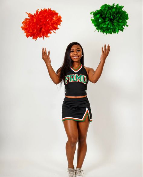 Cheerleading Photoshoot Ideas, Cheer Pictures Black, Cheer Poses With Megaphone, Media Day Poses Cheerleading, Cheer Solo Poses, Cheer Poses Individual Photo Ideas Black, Solo Cheer Picture Poses, Cheer Leading Photoshoot, Cheer Senior Portraits