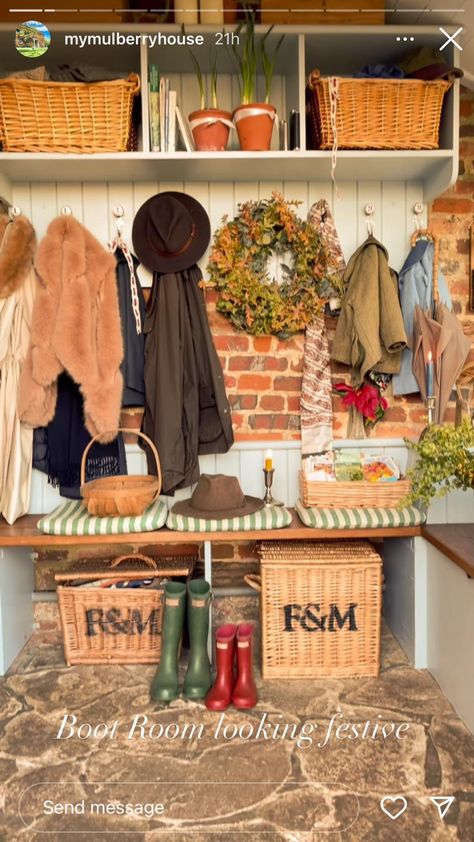 Leah Lane Mulberry House, Cottage Core Hallway, My Mulberry House, Mulberry House, Hallway Cottagecore, Fashion Mumbler, English Boot Room Country Houses, Cottagecore Hallway Aesthetic, Victorian Hallway