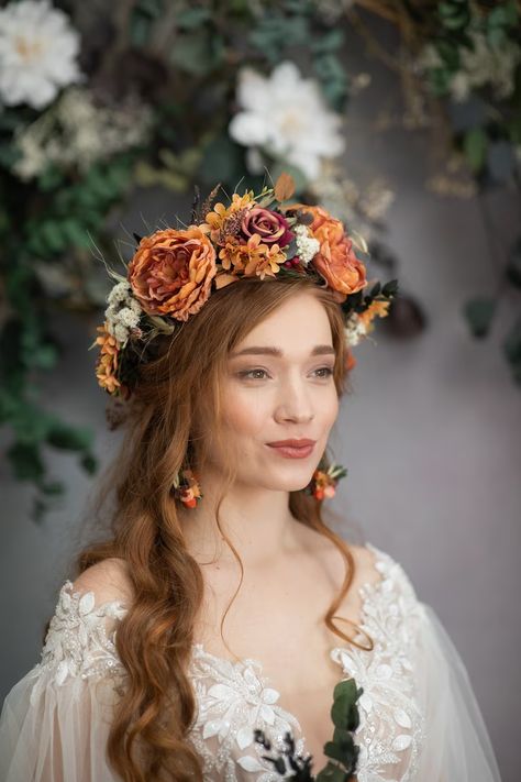 Orange Boho Flower Crown Fall Hair Accessories Autumn Flower - Etsy Marigold Flower Crown, Large Flower Crown, Wedding Hairstyles Flower Crown, Wedding Hair With Flower Crown, Boho Wedding Flower Crown, Autumn Flower Crown, Floral Crown Bride, Fall Crown, Orange Flower Crown