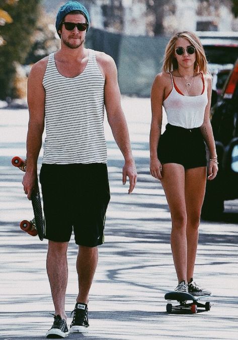 Miley Cyrus . Liam Hemsworth Miley And Liam, Miley Cyrus Style, Skate Girl, Black High Waisted Shorts, Red Bra, Liam Hemsworth, Hannah Montana, Skater Girls, Lindsay Lohan