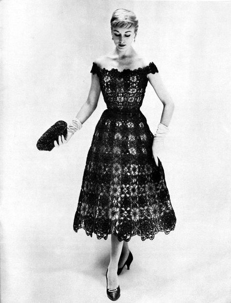 Create a stunning, airy evening dress with this Vintage Crochet Silk Organdy Tea Length Formal Dress Pattern. This PDF reproduction pattern is designed for bust sizes 35 to 38 inches (sizes 12-16) and features intricate crocheted medallions that shape a delicate and elegant formal dress. Perfect for special occasions, this dress combines the crisp beauty of silk organdy with the intricate detail of vintage crochet work. Crochet Formal Dress Pattern, Crochet Formal Dress, Formal Dress Pattern, Tea Length Formal Dresses, Dress Pattern Vintage, Formal Dress Patterns, Womens Knitting Patterns, Crocheted Dress, Studded Sweater