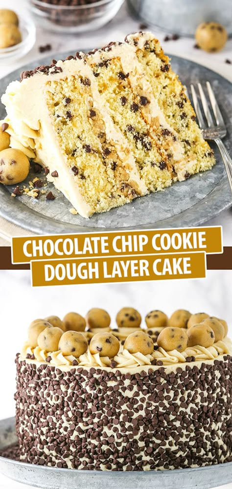 Chocolate Chip Cookie Dough Cake Filling, Chocolate Chip Cookie Themed Cake, Choc Chip Cake Recipe, Choc Chip Cake, Buttercream Ideas, Chocolate Chip Cookie Dough Cake, Chocolate Chip Cake Recipe, Cookie Dough Filling, Cookie Dough Frosting